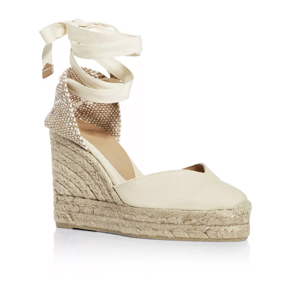 Espadrille Wedges- natural with orange and olive straps
